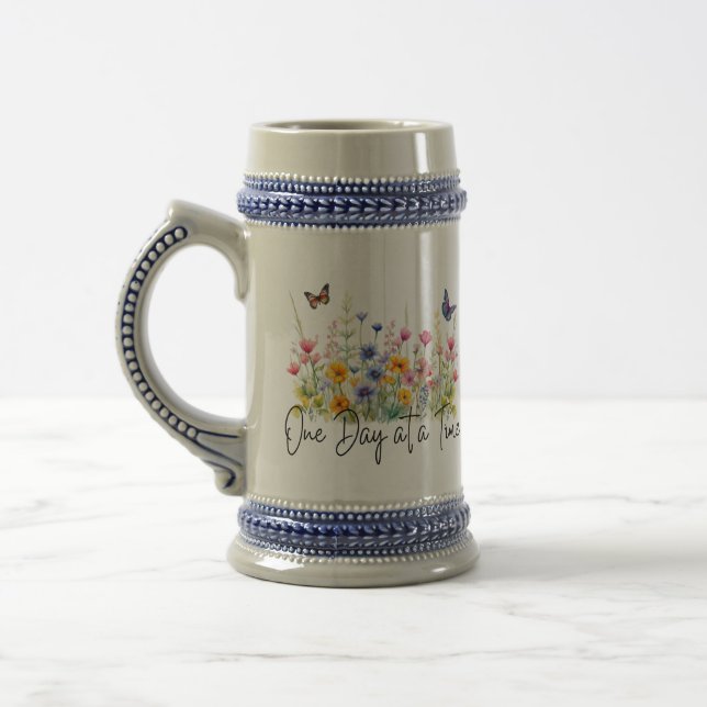 One Day at a Time Inspirational Quote Wildflowers Beer Stein (Left)