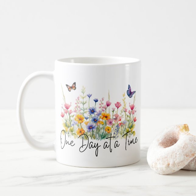 One Day at a Time Inspirational Quote Wildflowers Coffee Mug (With Donut)
