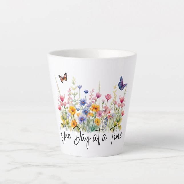 One Day at a Time Inspirational Quote Wildflowers Latte Mug (Front)