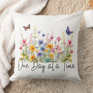 One Day at a Time Inspirational Quote Wildflowers Throw Pillow