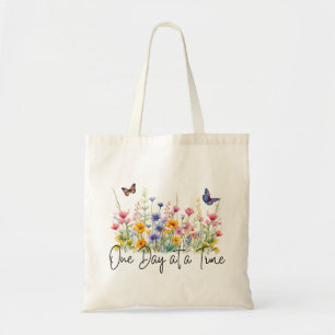 One Day at a Time Inspirational Quote Wildflowers Tote Bag