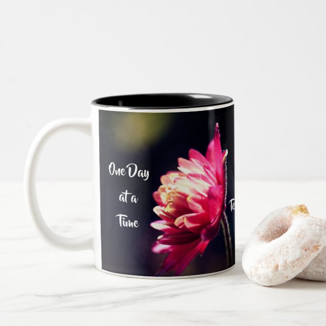 One Day At A Time Quote Flower Personalized Two-Tone Coffee Mug (With Donut)