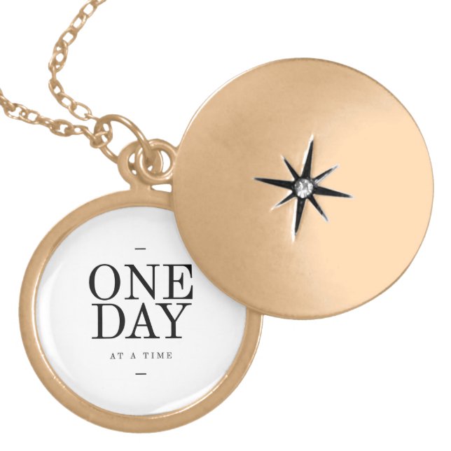 One Day Inspiring Sobriety Quote White Black Locket Necklace (Front)