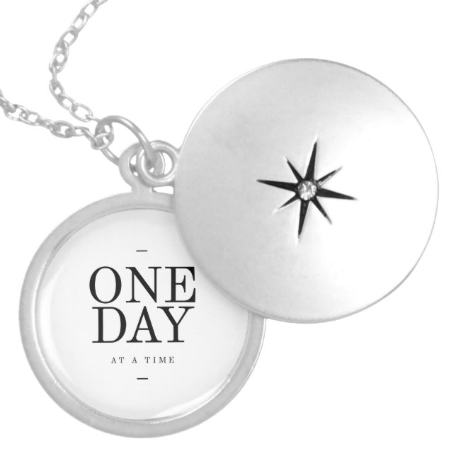 One Day Inspiring Sobriety Quote White Black Silver Plated Necklace (Front)