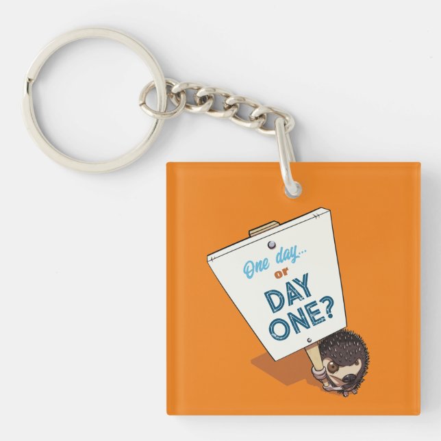 One Day Or Day One? Motivational Hedgehog Cartoon Keychain (Front)