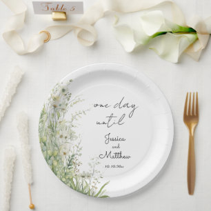One day until Dusty Sage Green Flowers Wedding Paper Plates