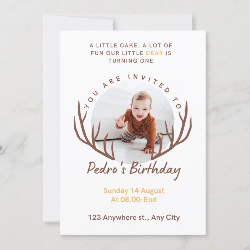 One Deer Antlers Rustic 1st Birthday Party  Invitation
