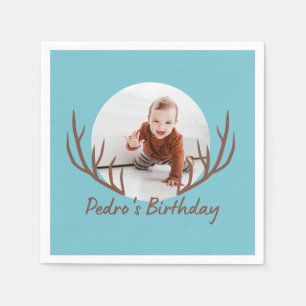 One Deer Antlers Rustic 1st Birthday Party Napkins