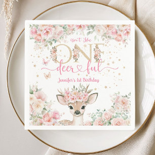 One-Deer-Ful 1st Birthday Girl Pink Fawn Paper Napkins