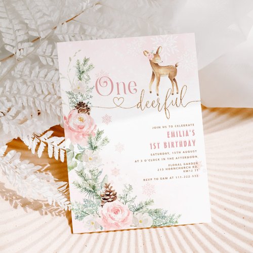 One_deer_ful 1st birthday invitation Winter deer Invitation