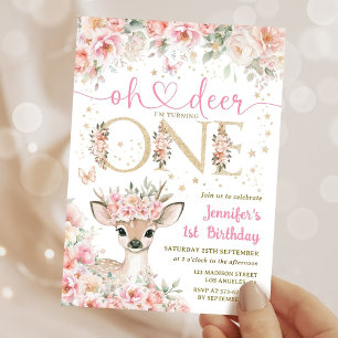 One-Deer-Ful Birthday Girl Pink Gold Invitation
