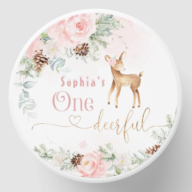 One-deer-ful blush pink 1st girl birthday mini candle favors (Front)