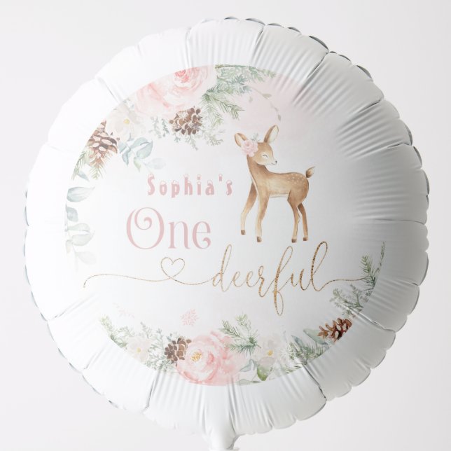 One-deer-ful blush pink winter 1st girl birthday balloon (Front)