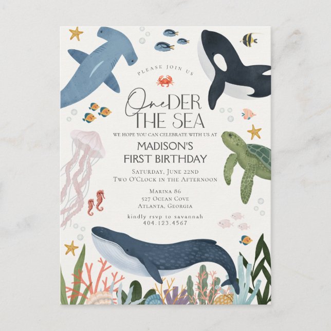 One-der The Sea Gender Neutral Birthday Invite (Front)