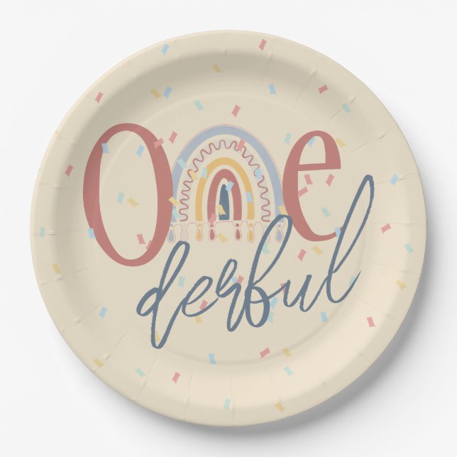One-derful 1st birthday, Boho rainbow birthday Paper Plates (Front)