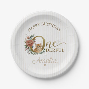 One-Derful 1st Birthday Cute Cat Floral Paper Plates