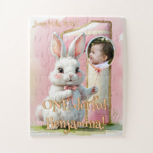 ONE-derful Bunny 1st Birthday for Girls Pink Jigsaw Puzzle