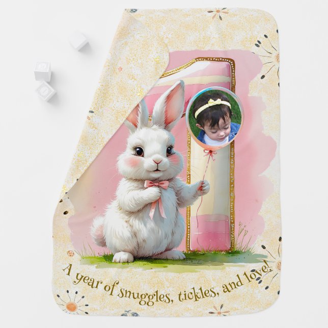 ONE-derful Cute Bunny First Birthday Yellow Pink Baby Blanket (In Situ)