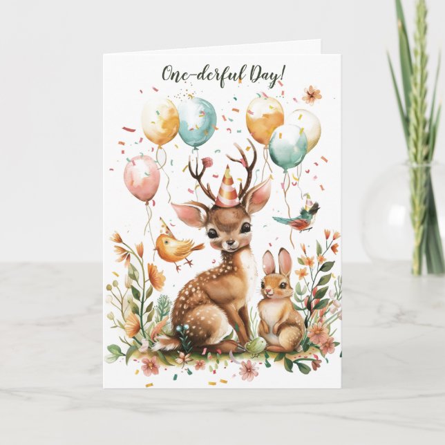 One-derful Day Woodland Animals 1st Birthday Card (Front)