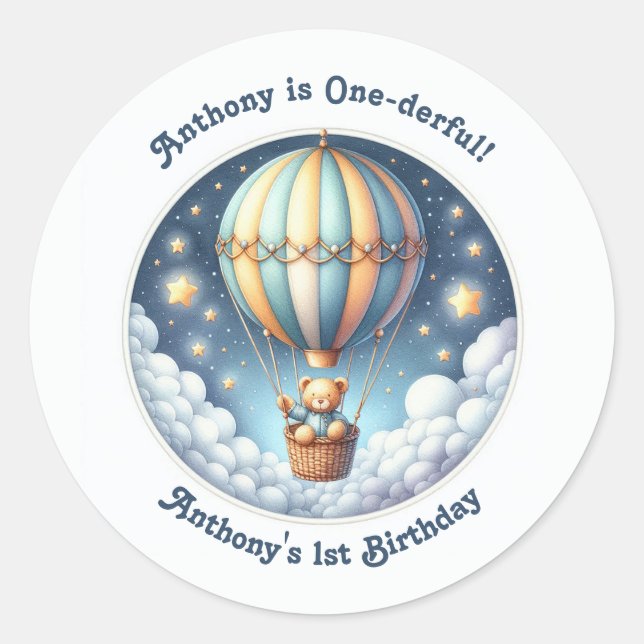 One-derful Hot Air Balloon First Birthday Classic Round Sticker (Front)