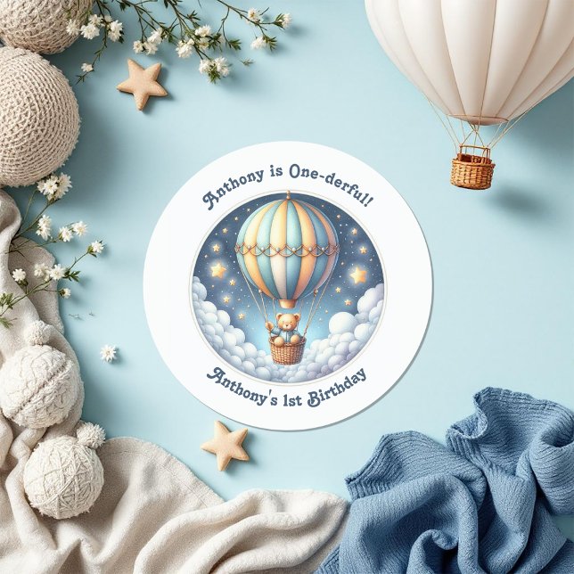 One-derful Hot Air Balloon First Birthday Classic Round Sticker (One-derful Hot Air Balloon First Birthday Classic Round Sticker)