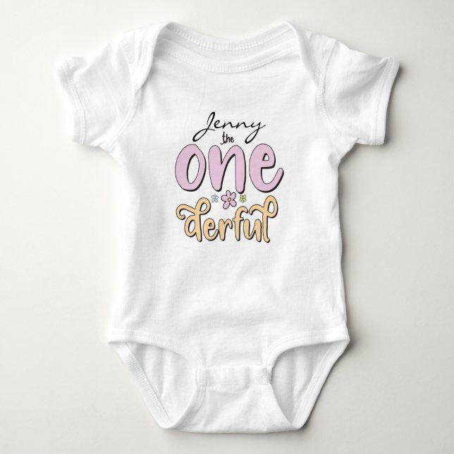 "One-derful", Personalized Name, flowers design Baby Bodysuit (Front)