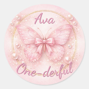 One-derful Pink Butterfly 1st Birthday Classic Round Sticker