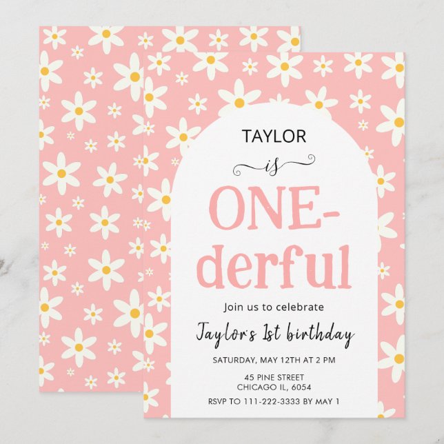 ONE-derful Pink Daisy 1st Birthday Invitation (Front/Back)