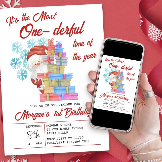One-derful Time of Year Christmas 1st Birthday Invitation (Available to order professionally printed and as a printable digital download)