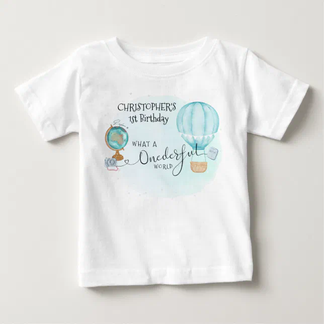 ONE derful World Blue Hot Air Balloon 1st Birthday Baby T-Shirt | Zazzle