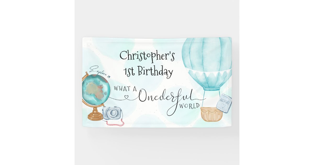 ONE derful World Blue Hot Air Balloon 1st Birthday Banner | Zazzle
