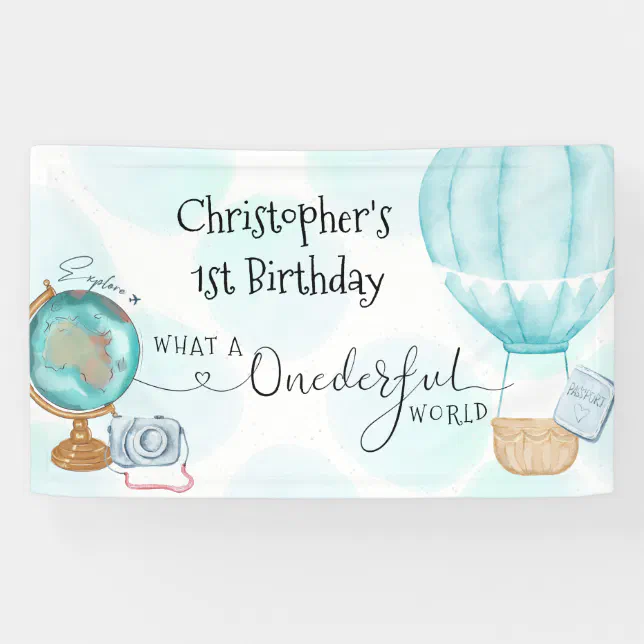 ONE derful World Blue Hot Air Balloon 1st Birthday Banner | Zazzle