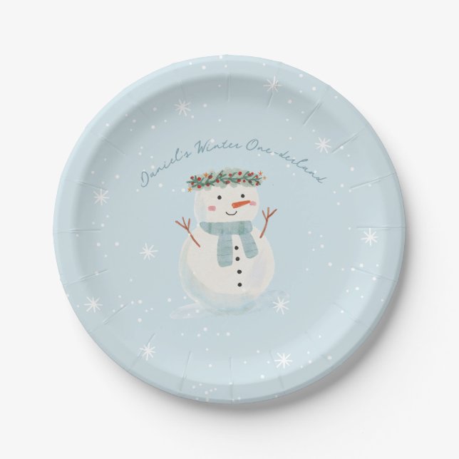 One-derland Winter Bash Cute Snowman and Snowflake Paper Plates (Front)