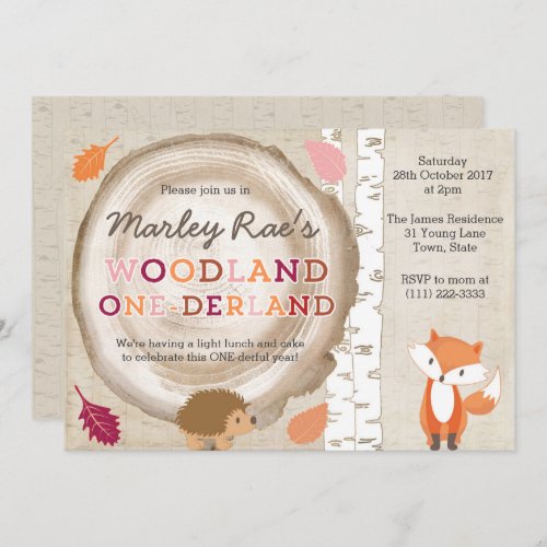 ONE_derland Woodland 1st Birthday Party for Girl Invitation