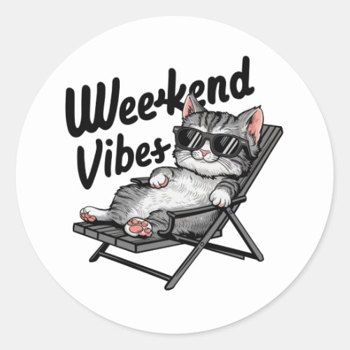 One design features a cool and comfortable kitten  classic round sticker