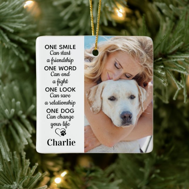 One Dog Personalized 2 Pet Photo Dog Lover Ceramic Ornament (Tree)