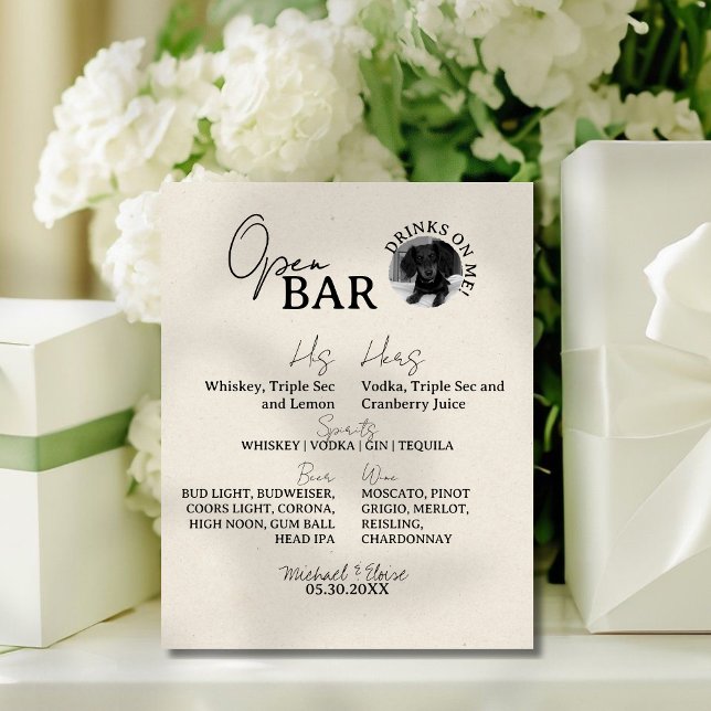 One Dog Photo Wedding His and Hers Drink Open Bar Pedestal Sign (This One Dog Wedding Signature Drinks Bar Sign is perfect for any wedding reception!)