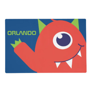 One eyed alien monster orange kids custom name placemat