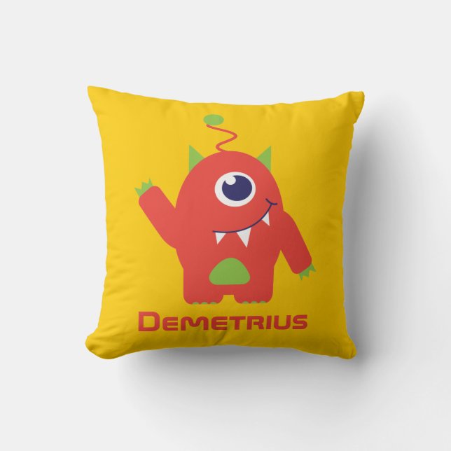 One eyed alien orange & yellow kids pillow (Front)