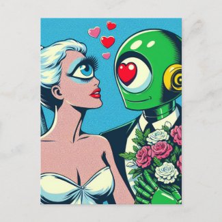 One Eyed Alien Woman and Green Robot in Love