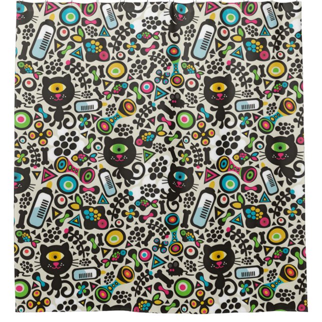 One Eyed Black Cat Shower Curtain (Front)