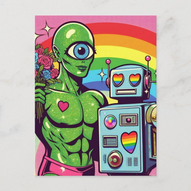 One Eyed Green Alien and a Robot in Love Postcard (Front)