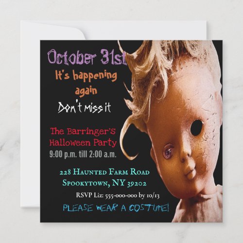 One_Eyed Haunted Wonder Creepy doll Halloween Invitation