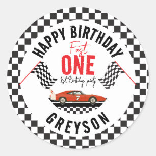 One Fast Race Car Boy 1st Birthday Party Classic Round Sticker