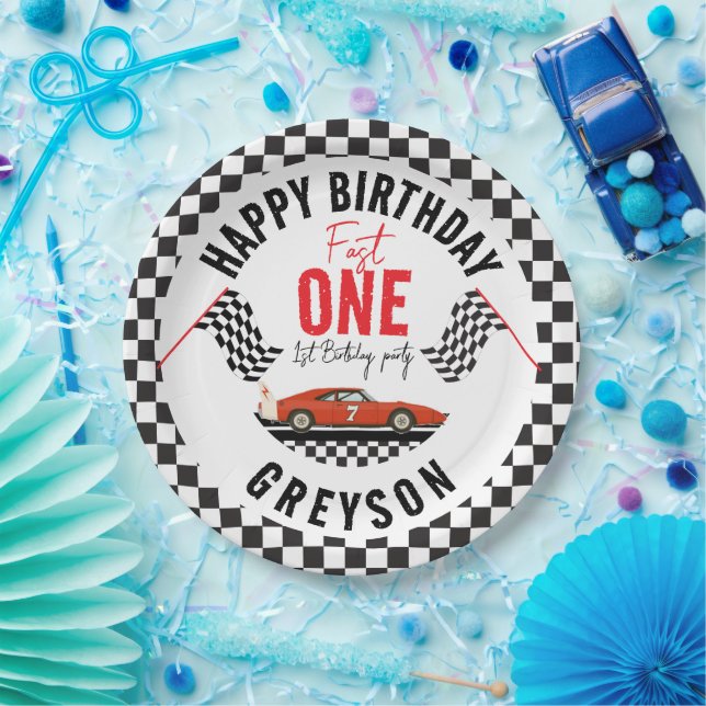 One Fast Race Car Boy 1st Birthday Party Paper Plates (Party)