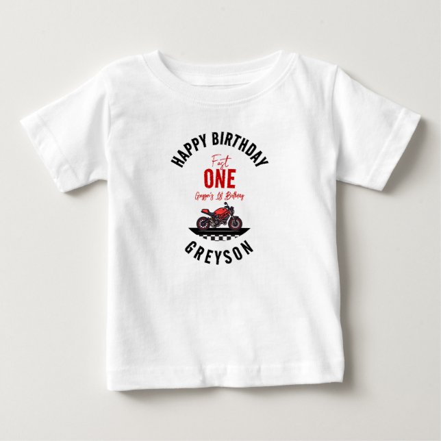 One Fast Race Motorcycle Boy 1st Birthday Party Baby T-Shirt (Front)