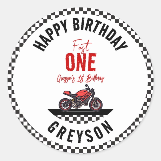 One Fast Race Motorcycle Boy 1st Birthday Party Classic Round Sticker (Front)