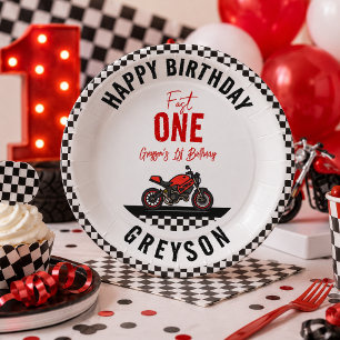 One Fast Race Motorcycle Boy 1st Birthday Party Paper Plates