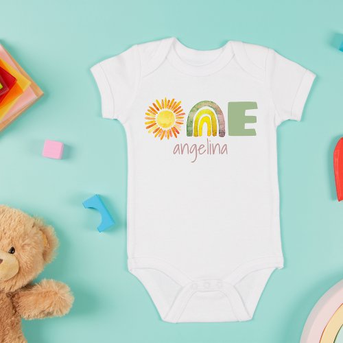 ONE First Birthday Baby Boho Rainbow Name Baby Baby Bodysuit