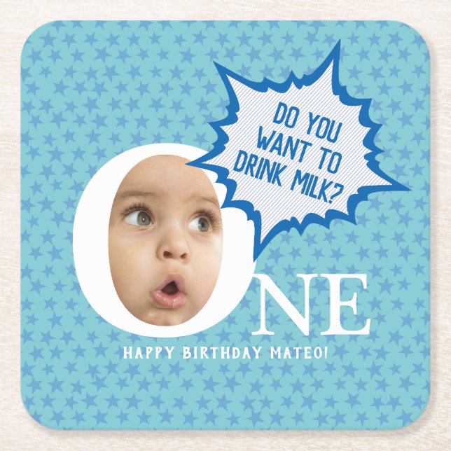 ONE first birthday boy personalized  Square Paper Coaster (Front)